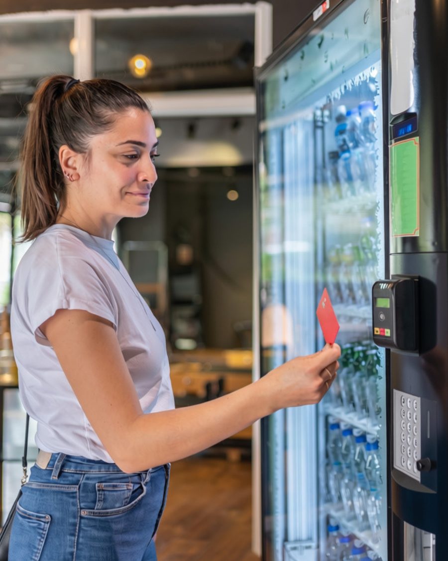 Employee using an On The Go Markets vending machine with tap-to-pay